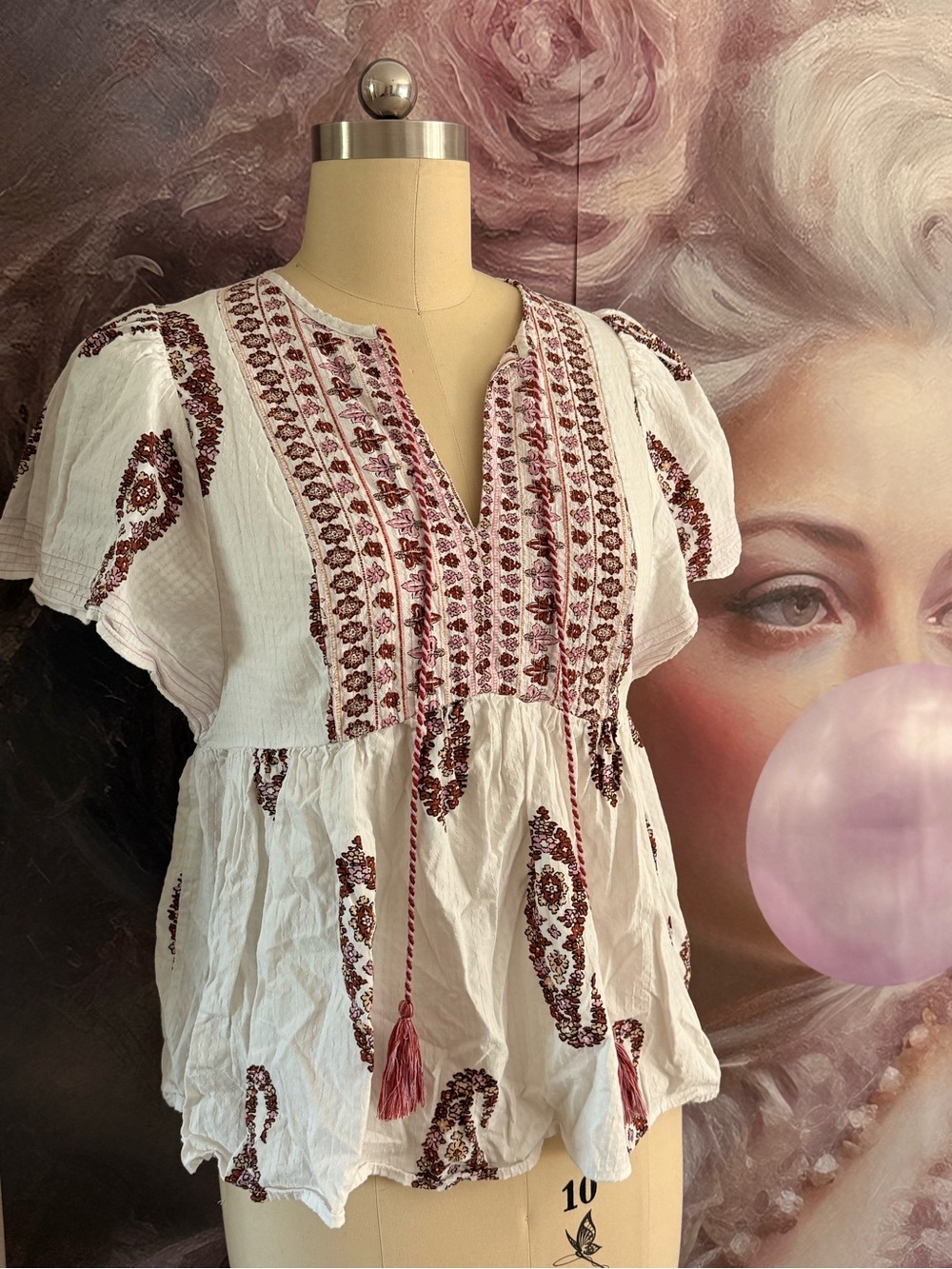 Knox Rose White Peasant Blouse with Burgundy Embroidery
